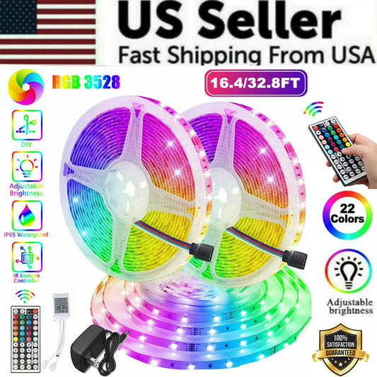 32FT LED SMD Strip Light Flexible 3528 RGB Remote Fairy Lights Room TV Party Bar