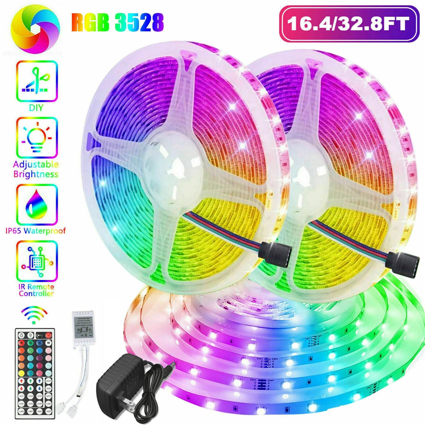 32FT LED SMD Strip Light Flexible 3528 RGB Remote Fairy Lights Room TV Party Bar