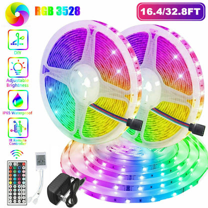 32FT LED SMD Strip Light Flexible 3528 RGB Remote Fairy Lights Room TV Party Bar